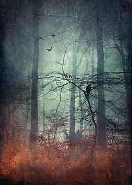 endurance - surreal forest scenery with a crow sitting ...