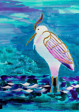 Great White Heron by the Lake Shore Acrylic Painting - ...