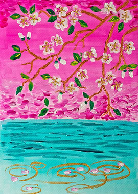 Bright white cherry blossoms on a bronze-hued branch, w ...