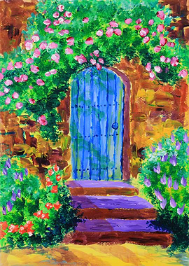 Blue Wooden Door to Secret Rose Garden - A painting of ...