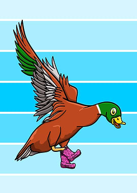A flying duck wearing purple polka dot boots