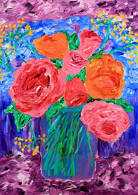 A colorful bouquet of red, pink and orange English rose ...