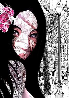 A black and white landscape with the face of a geisha d ...