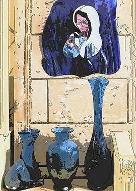 Madonna and Bottles. A still life on sandstone