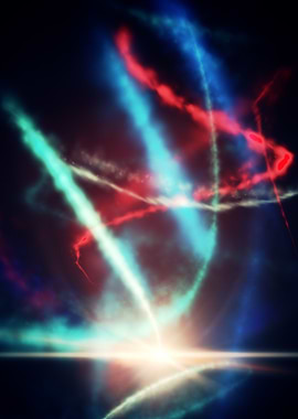 a red smoke trail spirals around a blue arc as they ris ...