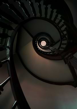 Wooden spiral staircaise. View from the bottom