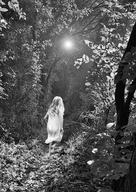 A girl runs through a dark forest at night by moonlight ...