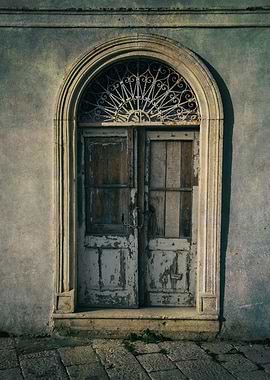 An old doors with ornamented arch