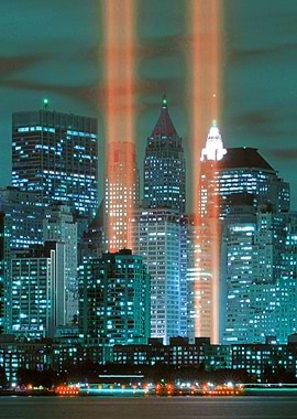 Graphic of the skyline of New York at night with lighti ...