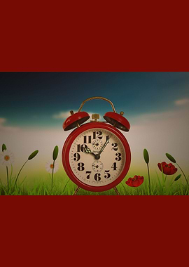 Colourful red clock sitting among flowers set against r ...