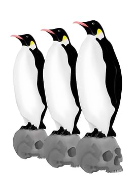 Three Emperor Penguins standing guard on human skulls. ...