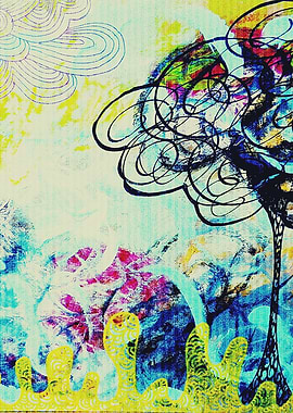 Acrylic paint, medium and ink on cardboard, digital eff ...