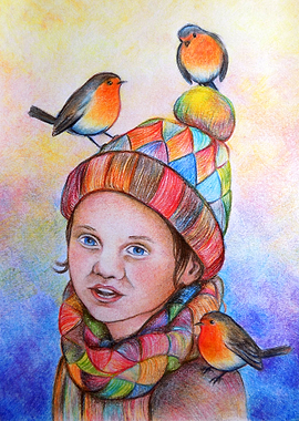 Little girl and robin bird