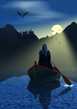 A mystical castle in moonlight at night. a monk in a bo ...