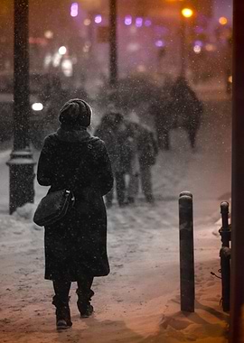 Snowy Night on Rue Ste-Catherine, downtown Montreal, Qu ...