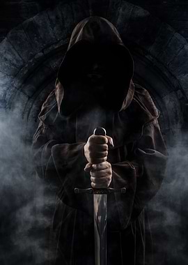 Hooded monk holding a big sword
