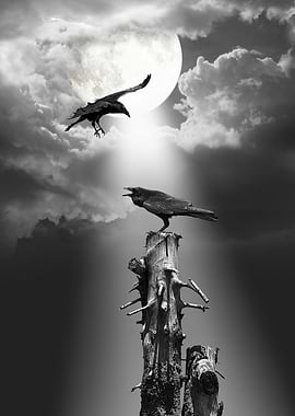 Two ravens in mystical moonshine. Black white illustrat ...