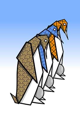 Three origami emperor penguins protecting their eggs.