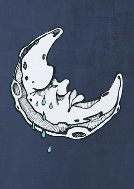 Hand drawn illustration or drawing of a crying moon