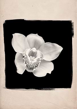 A closeup photographic still life of a flowering orchid ...