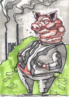 Hand drawn illustration or drawing of a pig with suit a ...