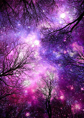 Mysterious fuchsia purple nebulous space behind stark b ...