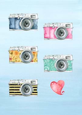 Vintage cameras in watercolor. Background in watercolor ...
