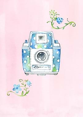 A blue vintage camera in watercolour with white dots an ...