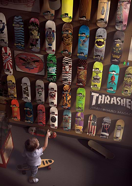 A young boy looks at the wall and cant wait to ride one ...