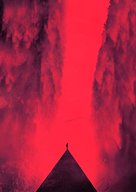 Red tinted surreal landscape with a lone person at the ...