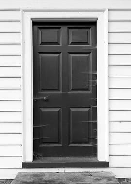 Black and white photo of a door covered with cobwebs in ...