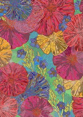 Vibrant and intricate poppies and forget-me-nots in a g ...