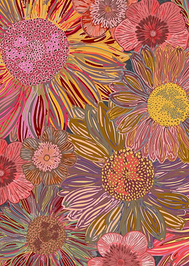 Pretty daisies and buttercups in a retro-style, vibrant ...