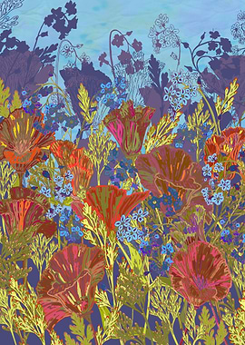 Intricately drawn poppies and forget-me-not flowers wit ...