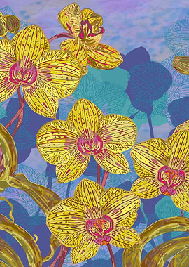Colourful tropical orchids with intricate hand-drawn de ...