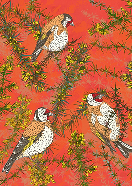 Colourful artwork with pretty little goldfinches sittin ...