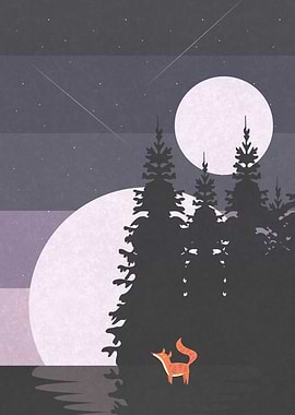 A little fox looking in the night at the sky with two m ...