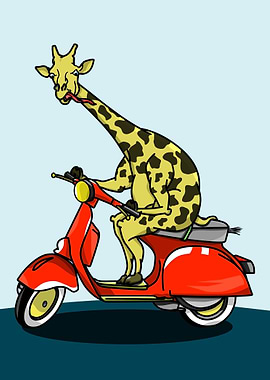 A funny cartoon giraffe riding a red moped.