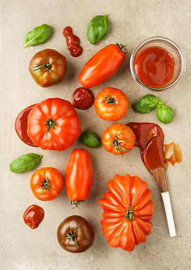 Assortment of fresh French heirloom tomatoes, basil and ...