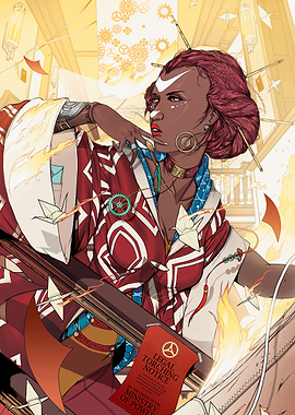 Woman in a kimono escaping a fire