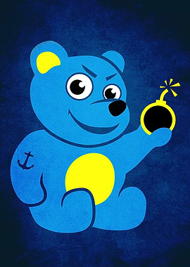 This blue evil cartoon teddy bear has a manly anchor ta ...