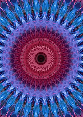 Mandala in blue, pink and red