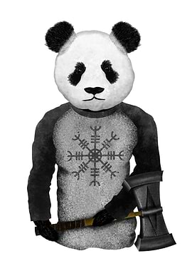 A panda bear carrying a Thor style viking war hammer. T ...