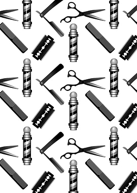 A black and white pattern of classic barbers shop tools ...