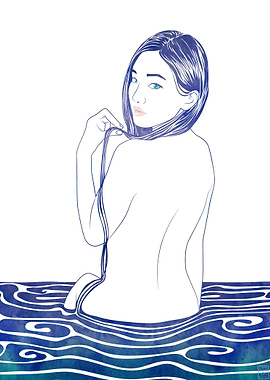 A mythological sea nymph surrounded in rippling waves b ...