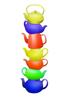 A pattern of colorful teapots stacked on top of each ot ...