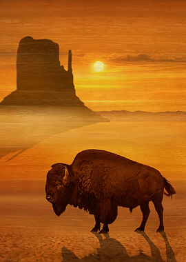 Nostalgic and romantic motif with a bison in the sunset ...