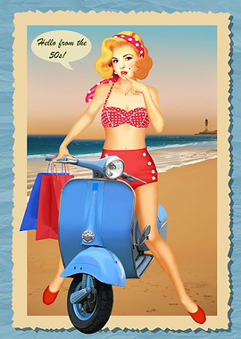 Sexy pin-up girl in retro style of the 50s on a Vespa s ...
