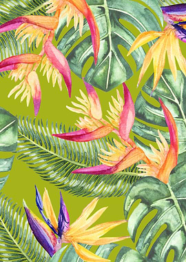 tropical pattern watercolor flowers and leaves