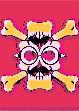 funny skull face with mustache and glasses and pink bac ...
